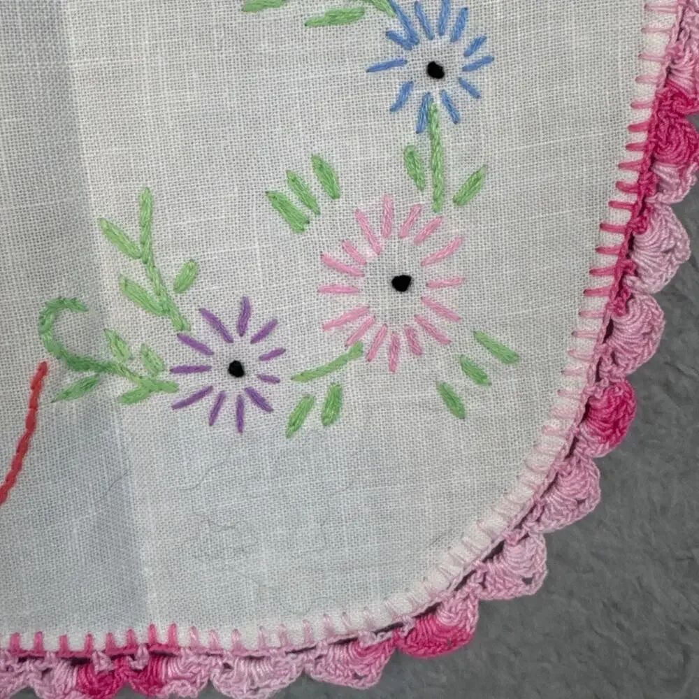 Vintage Needlepoint Floral Table Cloth Table Runner Handmade Linen Blend Cottage